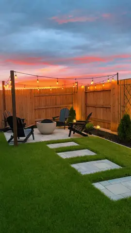 Backyard sunsets >> #backyard #backyardvibes #backyardsummer #sunset #firepit #pavers #smallbackyard 