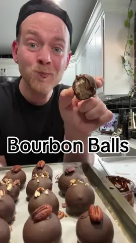 These Bourbon Ball are the best 😁   #EasyRecipe #bourbonballs #candy  #chocolate #bourbon #balls  #try #fyp  Bourbon Balls 1/2 C. Butter (softened)  4-5 C. Powdered Sugar  1 C. Pecans (toasted)  6 TBS. Bourbon  1 tsp. Vanilla  3 C. Chocolate Chips (I used dark)  Soak toasted nuts in bourbon for a minimum of 8hrs for best flavor.   In a bowl mix together softened butter and half of the sugar then add vanilla and remaining sugar. Mixture will be crumbly. Now add the soaked pecans/liquid to a food processor and pulse to chop into small bits. Add nuts to the butter sugar mixture and mix till everything is evenly combined. Chill the dough enough you can handle it without making a huge mess.  After an hour of chilling form the dough into desired sized balls using a cookie scoop; place on a baking sheet lined w/parchment.  Now freeze the bourbon balls for a hour before dipping in chocolate.  Melt chocolate; using a toothpick poke the balls and dip it, drip it, and put it on your pan. For a finished look sprinkle chopped pecans or add a whole one pecan on-top before the chocolate sets.  Allow the chocolate to set.  Store candy in the fridge in an airtight container for 2 weeks or freeze 1 month 😁