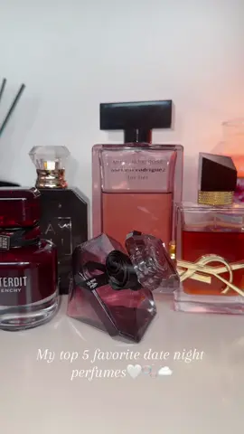 My top 5 favorite date night perfumes🤍🫧☁️ 1. Givenchy - L’Interdit rouge 2.Yves saint laurent - Libre Le parfum 3. Kayali - elixer 11 4. Lancôme - la nuit trêsor  5. Narciso Rodriguez - musc noir rose  #datenightperfume #perfume #perfumetiktok #parfum #parfumtiktok #fragrances #fragrancecollection #perfumecollection #perfumes #kayali 