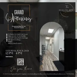 *Grand Opening Announcement* We’re thrilled to announce our Grand Opening of The Health Spot Family Wellness on Saturday, June 8, 2024, from 12pm-4pm! Get ready for an unforgettable day filled with: • Giveaway bags for the first 50 guests  • Meet our passionate team and discover our range of services • Take a tour of our facility that we love • Treat yourself to a 10-minute chair massage teaser with our talented RMTs • On-spot booking for appointments to kickstart your wellness journey • Enjoy music and dive into loads of delightful treats and fun! We’re looking forward to your presence and can’t wait to meet our incredible community. Bring your friends, family, and neighbours to a celebrate health and wellbeing! Join us as we embark on this exciting journey together.  SHARE, LIKE, COMMENT, and SPREAD THE WORD to all.  Help us make this Grand Opening a memorable event for everyone!  _____________________  #thehealthspotfamilywellness #GrandOpening #CommunityCelebration #wellnessjourney #vaughan #woodbridge #vaughanmoms #vaughandads #healthandwellness #chiropractic #massagetherapy #osteopathy #naturopathy #virtualpostpartumdoula #rswcounsellor #jumpstartyourhealth #indocaribbeanwomen #indocaribbeanentrepreneur #westindian #guyanese #canadian #multicultural #wellnessforall 