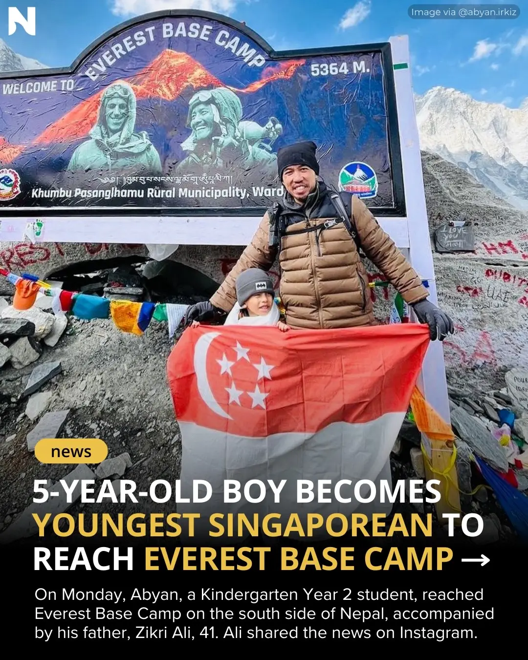 Abyan surpassed the record previously held by Singaporean Om Madan Garg by trekking to Everest Base Camp at the age of 6. Inspired by Om, Abyan's family embarked on this adventure after he effortlessly completed a 12-kilometer hike in Nepal's Nagarkot. Impressed by his son's capability, Ali believed with training, Abyan could achieve the challenging hike. Discover more about their inspiring journey on our website [link in bio]. #EverestBaseCamp #HikingRecord #Inspiration