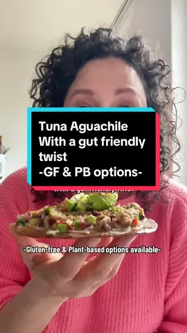 OMI'S VIRAL HACK FOR TUNA AGUACHILE BUT WITH A GUT-FRIENDLY TWIST! When I saw Omi's viral tuna aguachile recipe 🐟 🌶️, I knew I needed to recreate it but with a dr.doodoolicious twist. I added extra dietary-fiber and antioxidants to make it gut healthier. Plus, I've toned down the spice for a more gut-friendly experience! And I’ve included plant-based and gluten-free options too! So, whether you're enjoying it as a healthy lunch or a satisfying snack, this Mexican delight is sure to hit the spot. 😋 Don't forget to show some love to the original creator, @Omi ! Nutritional value (in total): 23 g dietary fiber, 48.8 g protein, 490 g veggies/fruit Prep: <15 min Cook time: <6 min Serves: 2-4 (lunch-snack)   Ingredients: Tuna Mixture •7.05 oz/200 g (drained weight) of canned tuna. For a plant-based version use vegan tuna, chickpeas, canned banana blossom or jackfruit •5.3 oz/150 g of each, diced: mini or Persian cucumber & tomatoes •¼ red onions, diced •1 jalapeño. Sub with ½ chile serrano •25 g lettuce, thinly sliced •¼ cup/4 g cilantro leaves, thinly sliced •1¾ oz/50 g red cabbage, thinly sliced   Aguachile •1 cup/240 ml of fresh lime juice (about 4-5 limes) •1 cup/16 g packed fresh cilantro leaves and stems •⅛ red onion •1 jalapeño. Sub with ½ chile serrano. If you like it spicier add 2 jalapeños or 1 whole serrano •1 chile de árbol. Sub with green Thai bird chili or chili flakes. If you like it spicier add 2 •1 chile piquin. Sub 1 green Thai bird or Indian chili •2 garlic cloves •few dashes of salsa Maggi (Maggi liquid seasoning). Sub with soy sauce. For a gluten free option use tamari •1 tsp of each: sea salt & black pepper •¼ tsp garlic powder   Extra: •2 tbsp mayonnaise (optional but highly recommended). Sub with a plant-based one •1 avocado, thinly sliced. Omit or sub with guacamole •4 mini tortillas or unbaked tostadas. Or serve it as a dip and use tortilla chips. Use gluten free tortillas if you are a celiac or avoid gluten for other reasons   Method: -Preheat convection oven or air fryer to 400°F/200°C (conventional oven to 425°F/220°C). Place the tortillas on a wire rack or in the basket without overlapping. Spray both sides with a bit of oil (optional) and bake them for 5-6 min until crispy and golden brown. Remove from the oven and transfer to a paper towel lined tray to cool. They will crisp-up even more -In the meantime, prep the dry ingredients and place them in a bowl together with the tuna and mix until combined. Then put all the aguachile ingredients into a blender and blend until smooth. Taste and adjust. Pour it on top of the tuna mixture and mix until combined. Again, taste and adjust to your liking -Once the tostadas have cooled down, smear a bit of mayo on each. Divide the tuna mixture on top, followed by avocado and hot sauce or ground chili (latter 2 are optional) and enjoy!   Tip: make more of the tuna aguachile and store in an airtight container in the fridge up to 2-3 days. If you make more tostadas cool them completely and store in an airtight container at room temp for 3-4 days   #tunaaguachile #tuna #aguachile #healthylunch #healthysnackidea #mexicanfood #mexicanrecipes 