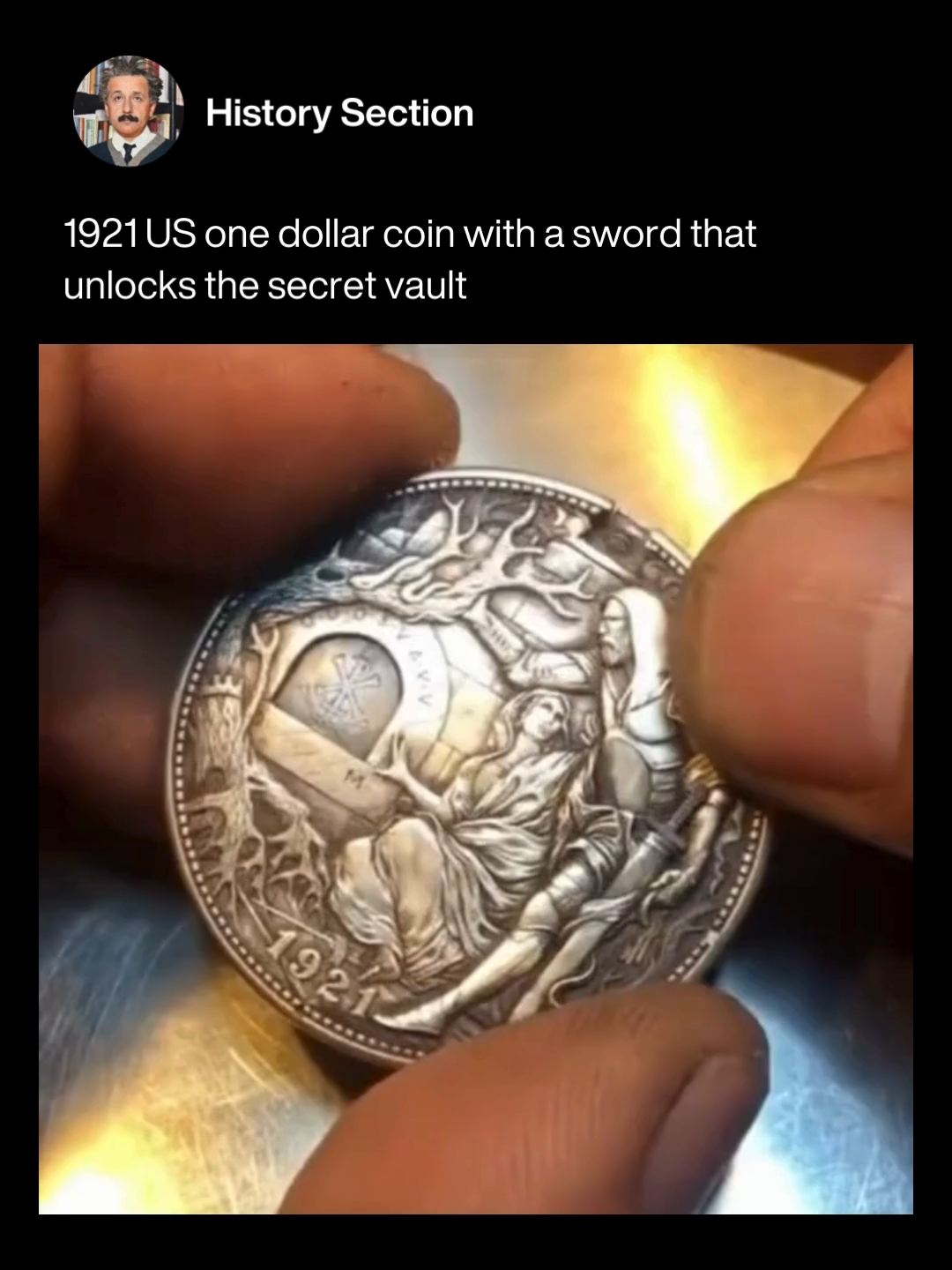 The 1921 US one dollar coin with a sword that unlocks the secret vault was transformed into a unique work of art by Russian artist Roman Booteen in 2018. Booteen added a miniature sword to the coin, which acts as a key to unlock a hidden compartment, revealing an intricately crafted scene inside.