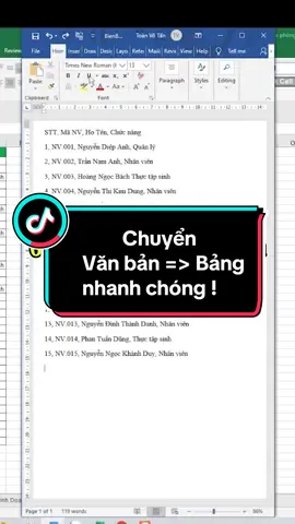 Cách chuyển dữ liệu từ văn bản thành bảng rất nhanh chóng #meoword #chuyendulieuthanhbang #wordtips #thuthuattinhoc