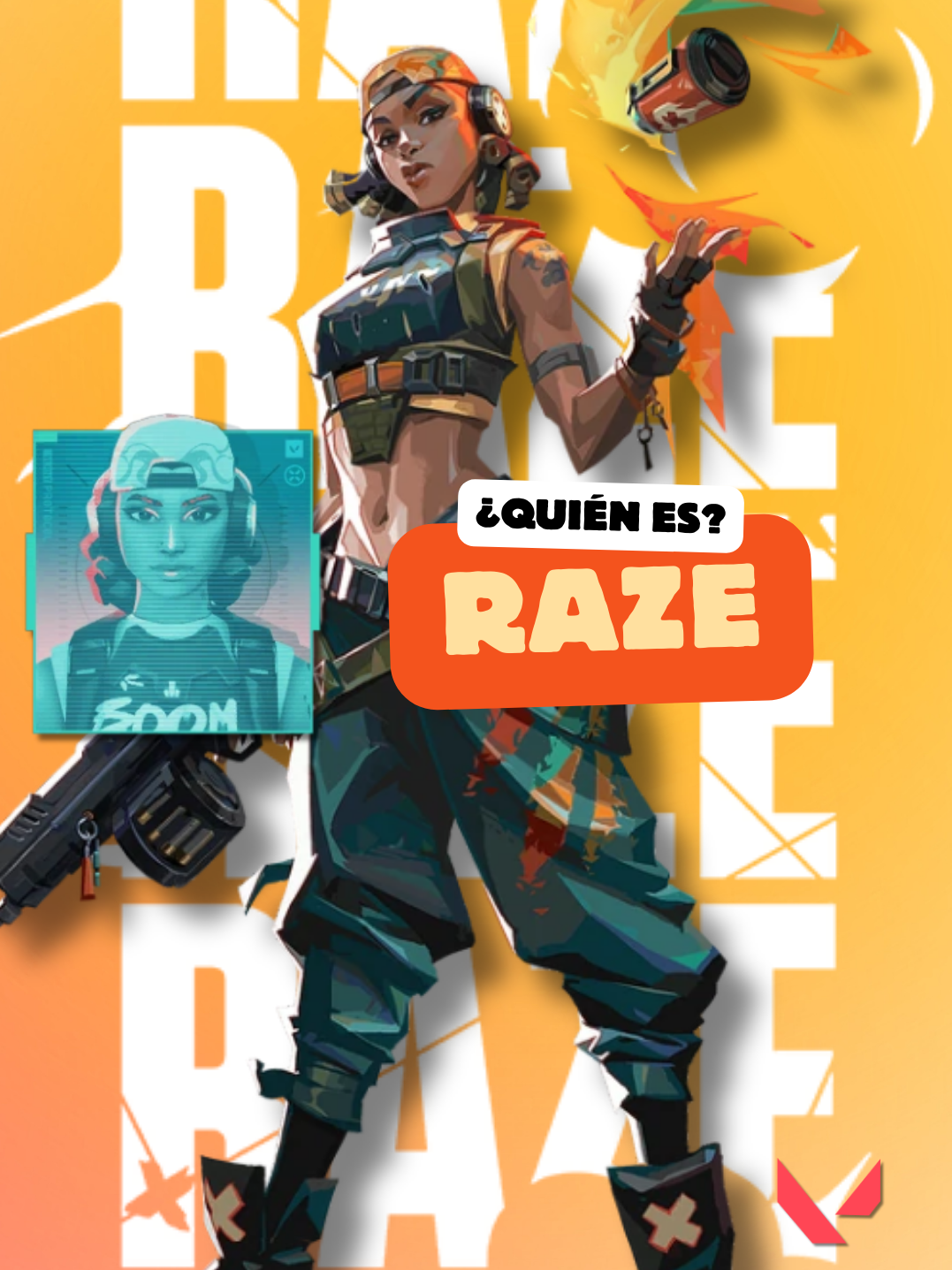 👊🏼 Nueva serie: TODO lo que sabías (o no) de los agentes de Valorant. 🟠 Hoy: RAZE, la cuarta duelista (esta vez, no radiante) consecutiva en unirse al Protocolo Valorant. 💭 ¿Ya sabías todo esto? ¿De qué otro agente te gustaría saber su historia? #Duelist #Raze #Valorant #Lore #RiotGames #ValorantLore