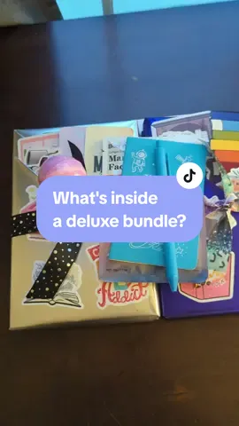 here's what comes inside a deluxe blind date with a book bundle  - 2 books uniquely and beautifully packaged  - at least 4 bookmarks  - at least 10 stickers  - One hot cocoa and one tea  - A face mask  - A little notebook and pen  - A bath bomb this blind date with a book experience really takes it up a notch and is so fun to open up!  #booktoker #BookTok #bookish #bookvibes #bookworm #booklover #reading #TikTokMadeMeBuyIt #blinddatewithabook 