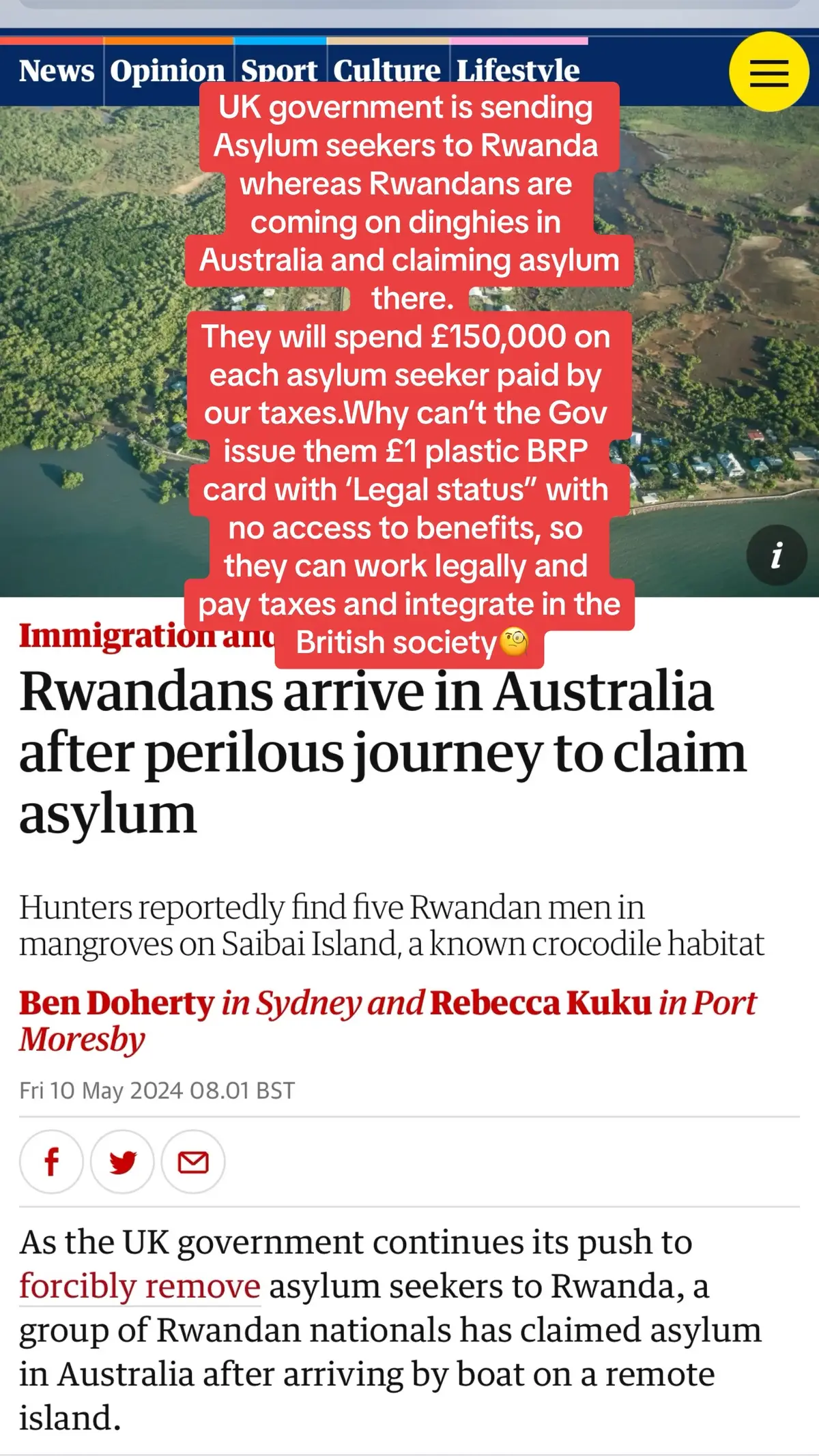 UK government is sending Asylum seekers to Rwanda whereas Rwandans are coming on dinghies in Australia and claiming asylum there. They will spend £150,000 on each asylum seeker paid by our taxes. #rwanda #homeoffice #immigration #students #asylumseekers  Why can’t the Gov issue them £1 plastic BRP card with ‘Legal status” with no access to benefits, so they can work legally and pay taxes and integrate in the British society. #rwanda #homeoffice #immigration #asylumseekers #BBC 