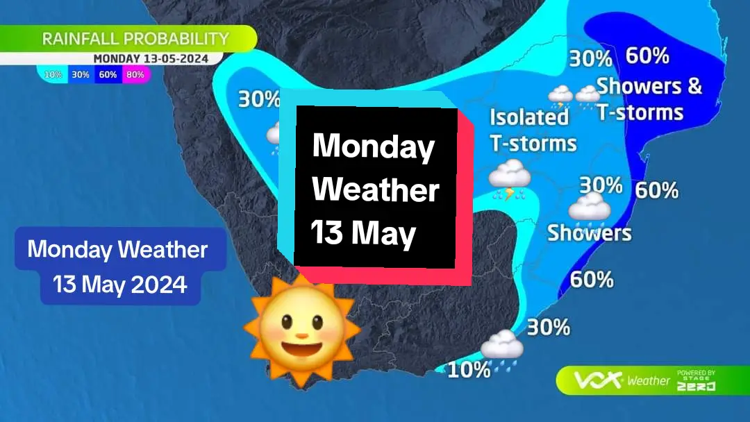 WEATHER MAPS and WARNINGS for this MONDAY – 13 May 2024  🌧 ISOLATED SHOWERS and THUNDERSTORMS this MONDAY over central and eastern SA, with COOLER conditions. ☀SUNNY and MILD to WARM over western SA ⚠️NO IMPACT-BASED WARNINGS issued by SA Weather Service ⚠️ Meteorologist Michelle Cordier will be back LIVE on Monday at 6pm on Vox Weather #Voxweathergirls #weatherupdate #thunderstorms #cooler