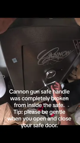 Cannon gun safe handle was completely broken from inside the safe.  Tip: please be gentle when you open and close your safe door. #cannonsafe #sidedrilling #safeinthegarage #begentle  
