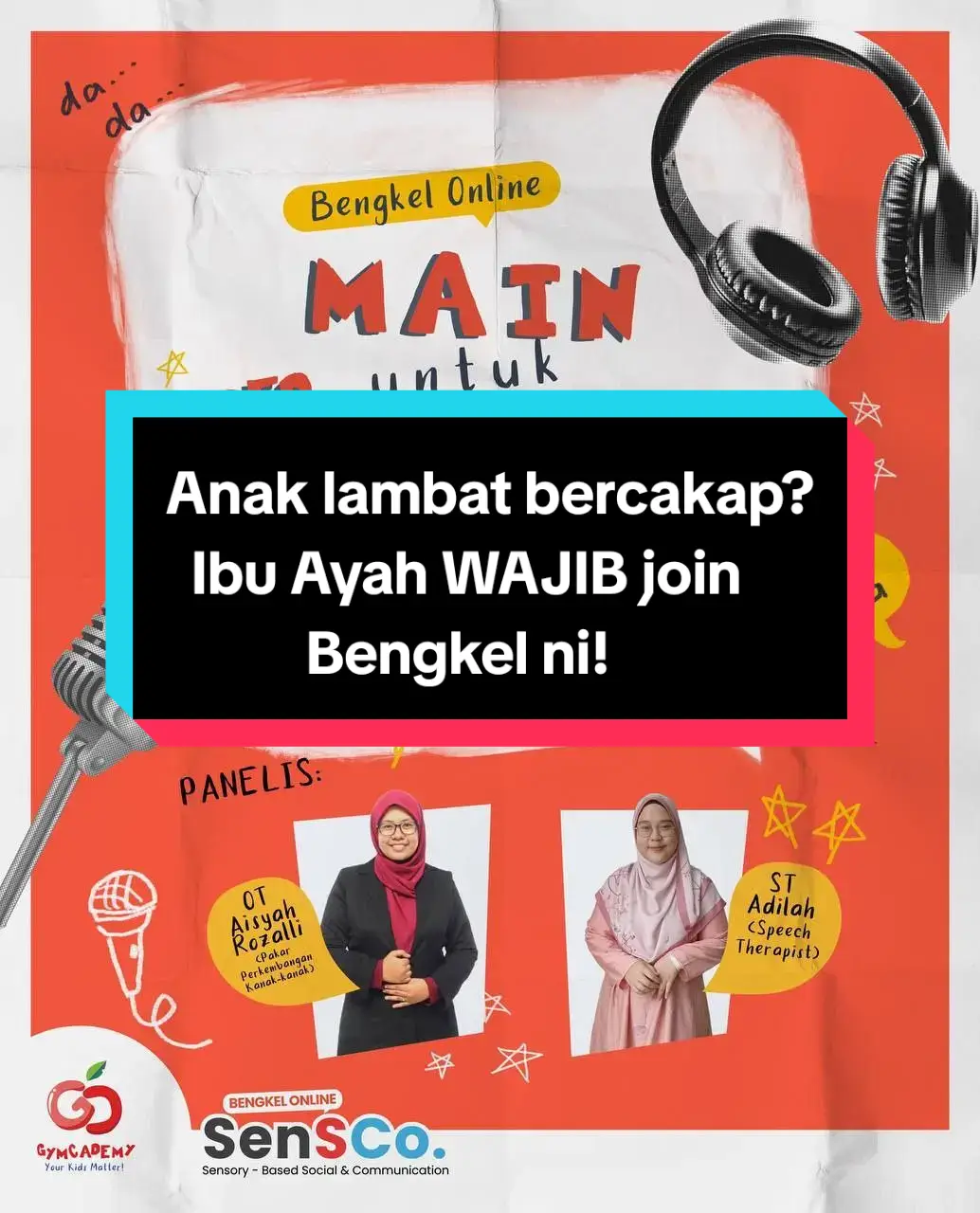 Ramai yang tanya dan risau perkembangan bercakap anak kan lebih-lebih lagi perkembangan komunikasi. Jadi, kami bawakan terus Speech Therapist, ST Adilah untuk anda untuk ajar kita semua strategi untuk bantu tingkatkan kemahiran komunikasi anak-anak. Ada 3 topik penting yang kita akan bincangkan. 1️⃣ Macam mana nak tahu anak kita sebenarnya Speech atau Language Delay? Sebab ramai anak-anak yang speech delay, sebenarnya ada language delay, atau ada dua-dua speech dan language delay tu. Terapinya tak sama tau. 2️⃣ Macam mana nak banyakkan perkataan yang disebut anak? Untuk anak boleh gabung perkataan buat ayat, anak kena ada perkataan yang mencukupi.  Nanti ST Adilah akan ajar macam mana nak tahu cukup ke tak perkataan anak kita, dan macam mana nak buat untuk tambah lagi perkataan anak kita supaya boleh buat ayat. 3️⃣  Guna Metod MATS untuk bantu anak Speech Delay. Anak yang Speech Delay ini kesian.  Bila dia cakap, orang lain tak faham. Sudahnya, anak demotivated nak bercakap. Nanti ST Adilah akan kongsikan point penting untuk kita belajar dan praktik pada anak.  Jom! Harga bengkel tak masuk akal. Berbaloi-baloi. Jangan risau, rakaman disediakan bagi ibu ayah tak dapat sertai live bengkel nanti. 📝 Modul pun kami akan beri kepada peserta yang dah berjaya daftar.  Klik link di bio untuk mendaftar sekarang! #thelittlehaura #tipsanakcepatbercakap #speechdelay #tipsspeechdelay #gymcademy #perkembangananak #otaisyahrozalli 