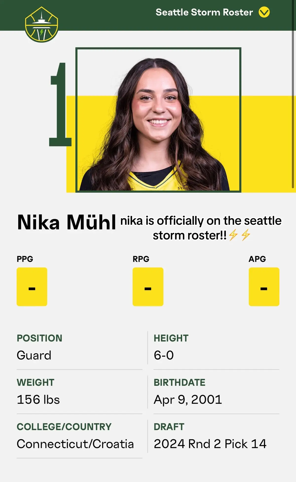 HAD NO DOUBTS!!!!!! LETS GO NIKAAA!!! OFFICIALLLY ON THE ROSTER!!!! #nikamuhl #seattlestorm #uconnwbb @Nikamuhl10 @Paige Bueckers 