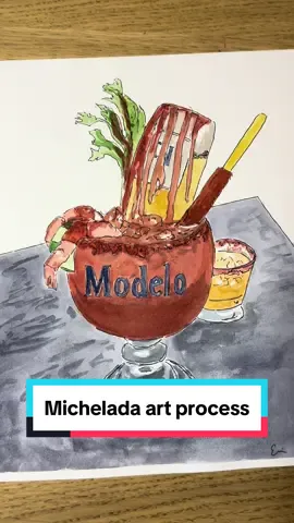 Who doesn’t love a michelada? I loved getting these at @La Chuperia  when they had a location in Alhambra. There’s something so fun about a drink with a bunch of things sticking out. #michelada #watercolorpainting #lachuperia #modelo 