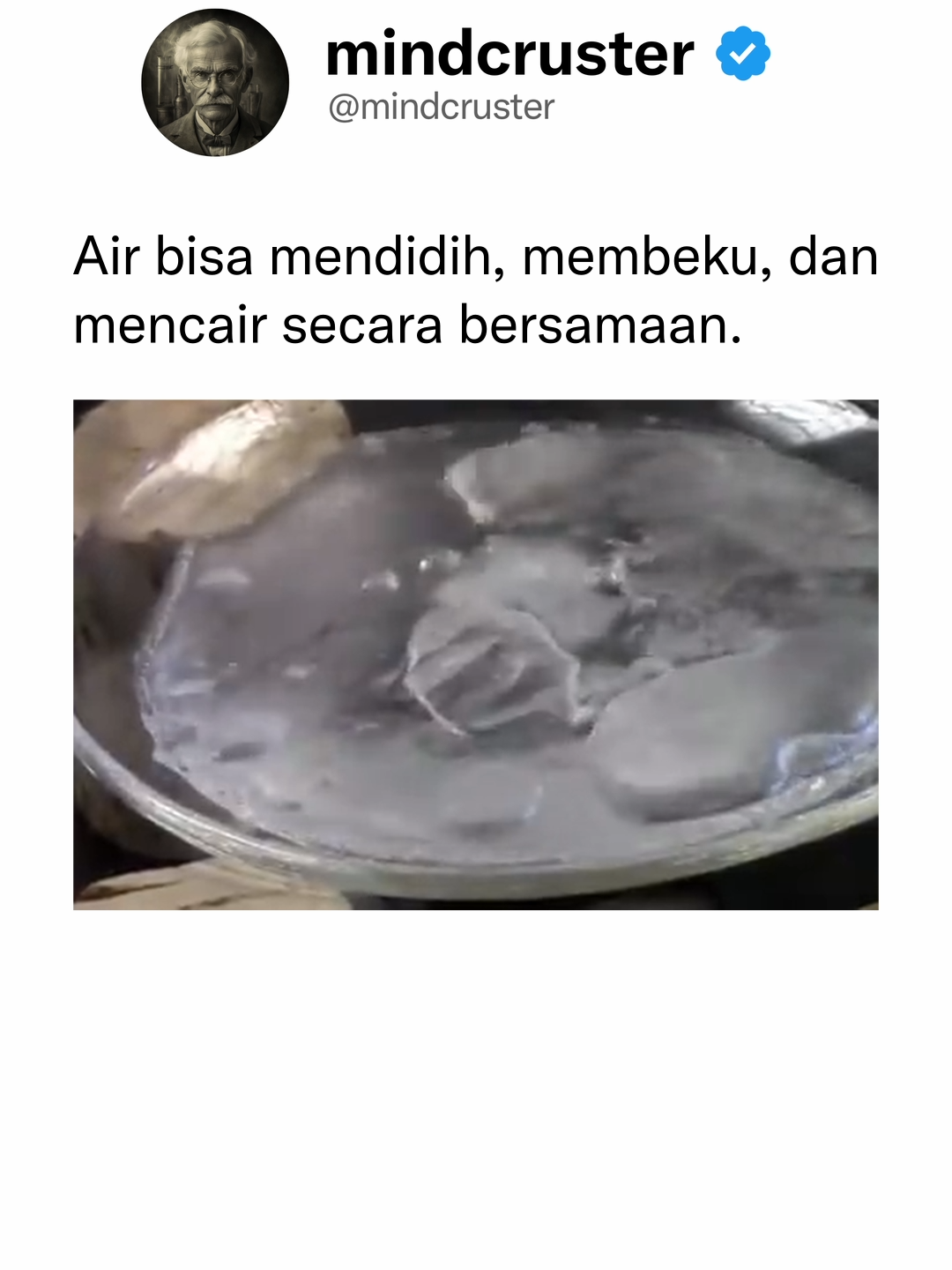 V437Triple Point of Water, sebuah kondisi di mana air bisa berbentuk padat (🧊), cair (💧), dan gas (💨) secara bersamaan. 📍 Syaratnya: - Temperatur: 0,01°C  - Tekanan: 0,006 atm 🤔 Kok bisa? Normalnya pada suhu mendekati 0°C, air hanya bisa berbentuk cair (💧) dan padat (🧊). ♨️ Namun saat tekanannya diturunkan sangat jauh, ini membuat titik didih air yang awalnya 100°C turun menjadi 0,01°C, sehingga air juga mendidih pada saat itu.  Credits: UCSC Physics / YT  Ikuti @mindcruster untuk konten menarik tiap harinya!  #triplepoint #physics #fyp #science #reelsvideo #reelsinstagram #instagood #trendingreels