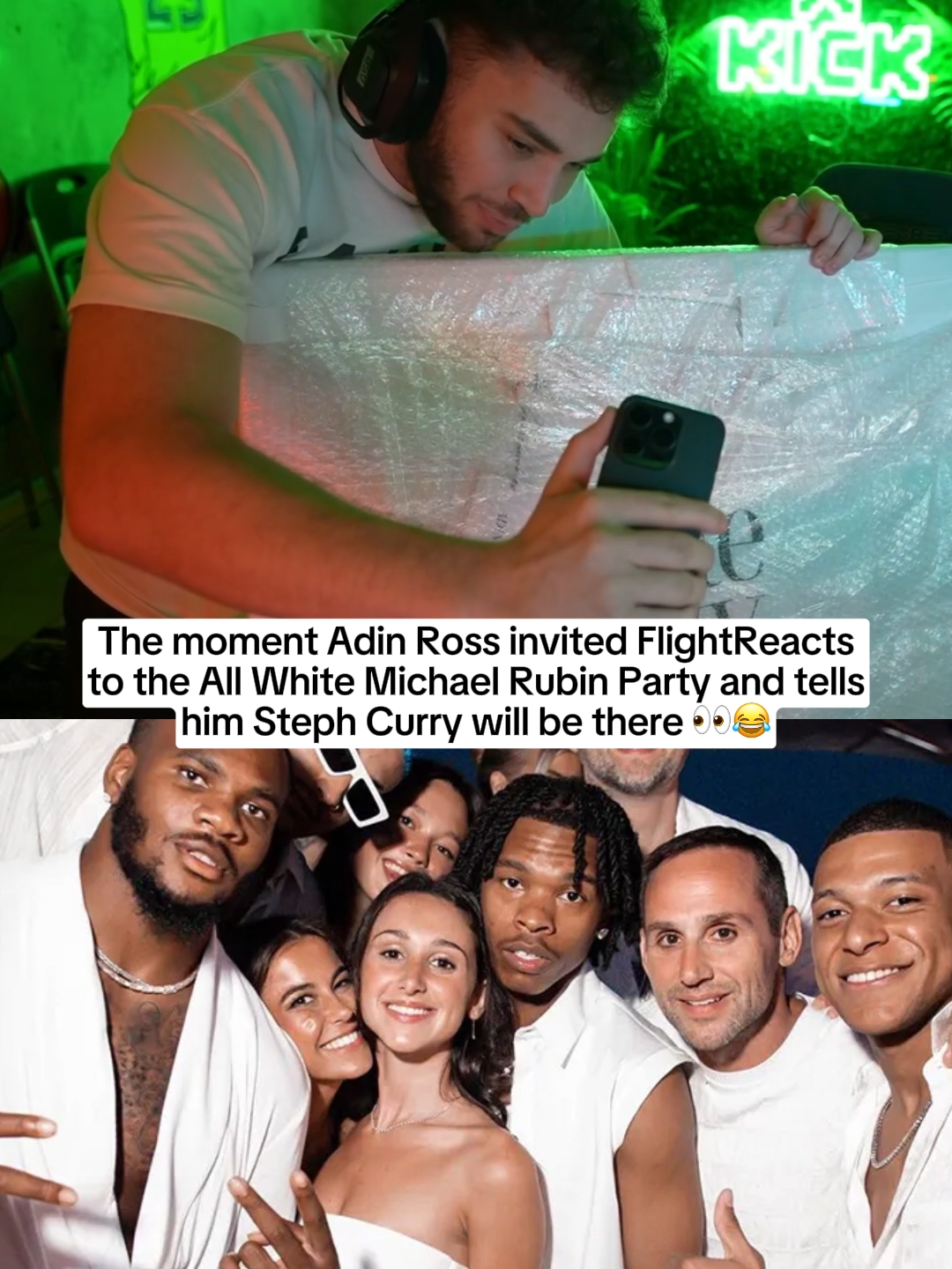 The moment Adin Ross invited FlightReacts to the All White Michael Rubin Party and tells him Steph Curry will be there 👀😂 #adinross #adinrossclips