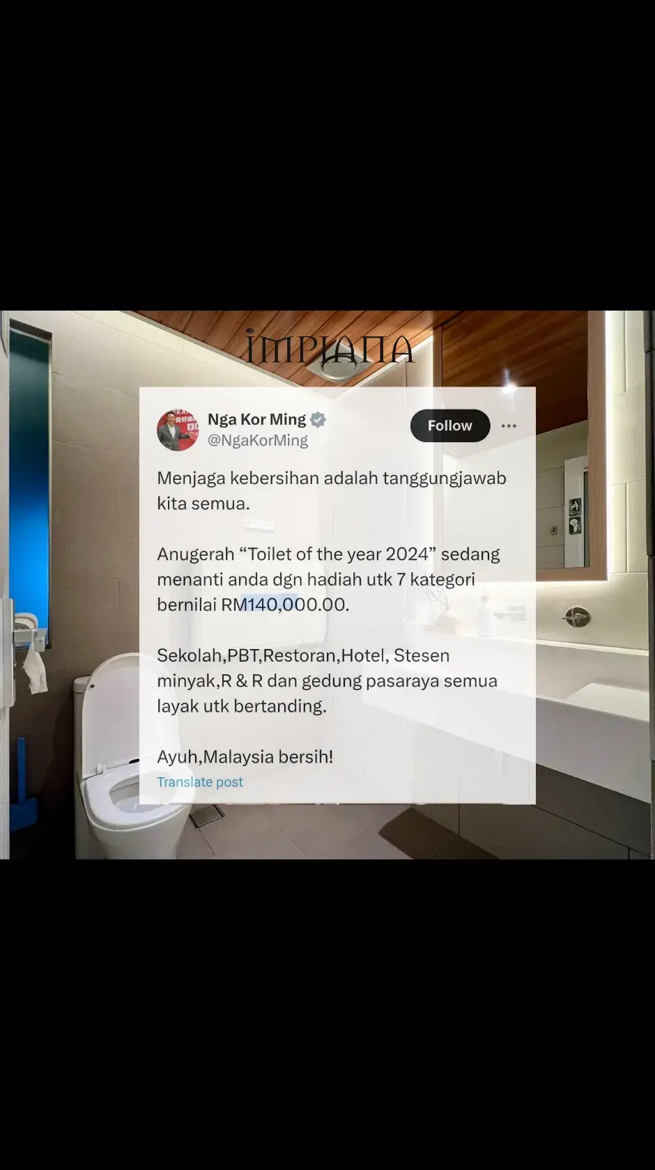 Untuk pengetahuan, anugerah Toilet of The Year ini buat julung kalinya diadakan pada tahun 2023. Ia bertujuan untuk memastikan tandas awam di Malaysia bertaraf Bersih, Menawan dan Wangi (BMW). Bukan itu sahaja, inisiatif itu juga diharapkan mampu menaikkan imej negara khususnya dalam kalangan pelancong asing. Merupakan hasil cetusan idea Nga Kor Ming sendiri, ia juga adalah sebagai langkah persiapan bagi Tahun Melawat Malaysia pada 2025. #impianakongsi  #anugerahtoiletoftheyear  #tandasawam  #bersihmenawanwangi 