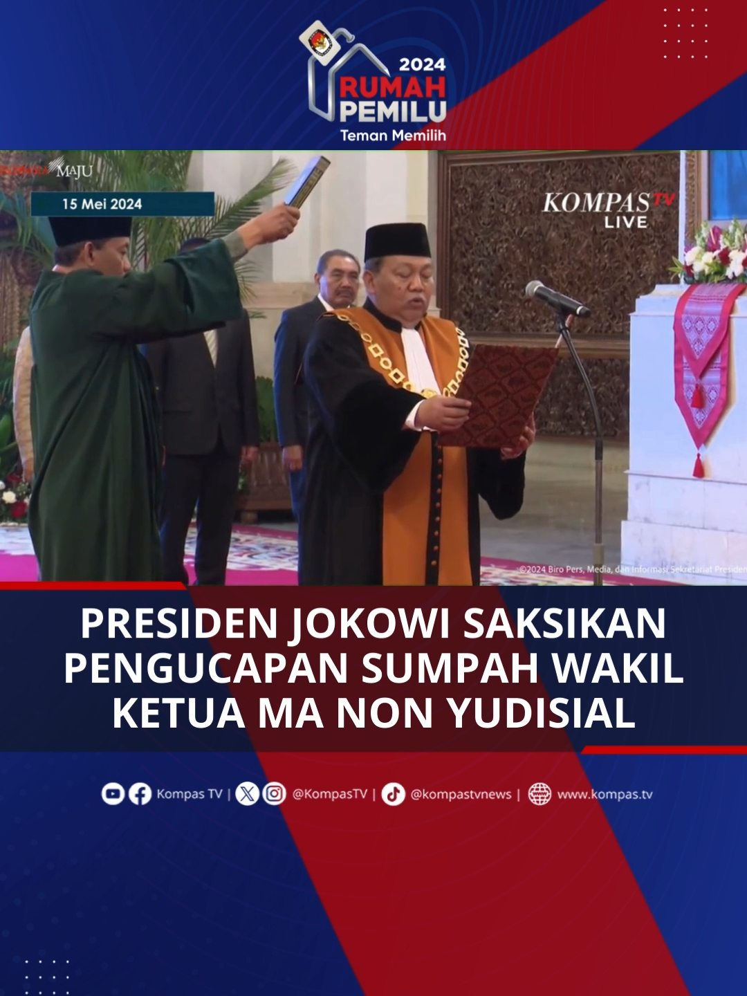 Presiden RI, Joko Widodo menyaksikan pengucapan sumpah jabatan Hakim Agung Suharto sebagai Wakil Ketua MA (Mahkamah Agung) bidang non-yudisial pada Raabu, (15/5/2024). Pengambilan sumpah tersebut, digelar di Istana Negara, Jakarta.
