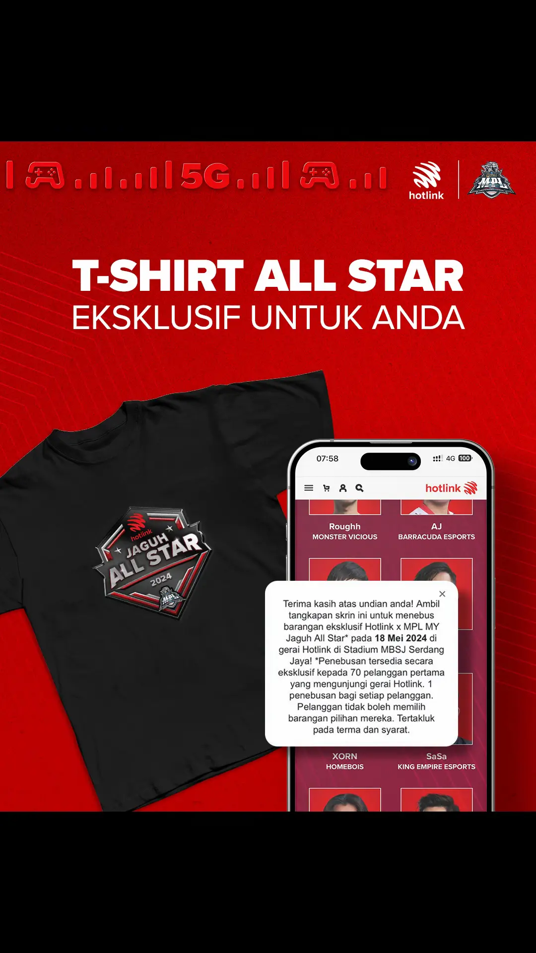 Haa, anda dah vote untuk Kapten Jaguh feveret haritu? 🏆 Kalau dah, tunggu apa lagi! Tunjukkan bukti screenshot vote anda dan tebus t-shirt Hotlink x MPL MY Jaguh All Star di hotlink booth pada 18hb Mei nanti⚡Limited untuk 100 pcs sahaja #HotlinkJaguh5GUntukmu  #HotlinkMLBB #HotlinkMLBBxMPLMYS13 #HotlinkxMPLMYJaguhAllStar @TDK.CikuGais @Xorn.Merchandise @Rippo Kun @mplmy 