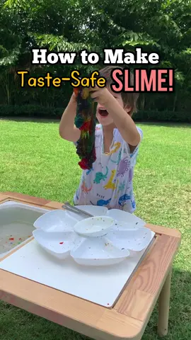 Link in bio for this taste-safe slime recipe that even toddlers can enjoy! 😍  Remember to save / bookmark this post so you don’t forget to try it too! 🤗 And if you’re new here, hi 👋 I’m Michelle — follow to see all of our fun ideas! 🤩 #sensoryplay #sensoryplayideas #sensoryactivity #toddlerplay #kidsactivities 