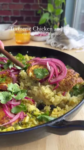 looks like the mission to create delicious one pan meals was accomplished!😍🥘 Would you try this??🤩 - - FOR FULL RECIPE: Go to @Jamie ‘s link in bio!✨ - - #onepan #meal #idea #delicious #repost #inspo #Recipe #recipeinspo #healthy #health #healthfood #food #nutrition #healthyrecipes #turmeric #chicken #rice #dinner #healthydinner #fyp  - - Ingredients: ▢ ½ red onion ▢ 2 Tbsp. red wine vinegar ▢ 1 tsp. ground sumac ▢ 1.5 lbs. boneless, skinless chicken thighs ▢ 2 Tbsp. fresh lemon juice ▢ 1 ½ tsp. ground turmeric ▢ 1 tsp. ground coriander ▢ 2 Tbsp. extra-virgin olive oil ▢ 1 cup thinly sliced scallions ▢ 3 to 4 garlic cloves ▢ 2 Tbsp. minced fresh ginger ▢ 1 ½ cups short-grain white rice ▢ 1 ¾ cups chicken broth ▢ 1 (13.5-oz.) can lite coconut milk ▢ Fresh cilantro leaves for garnish