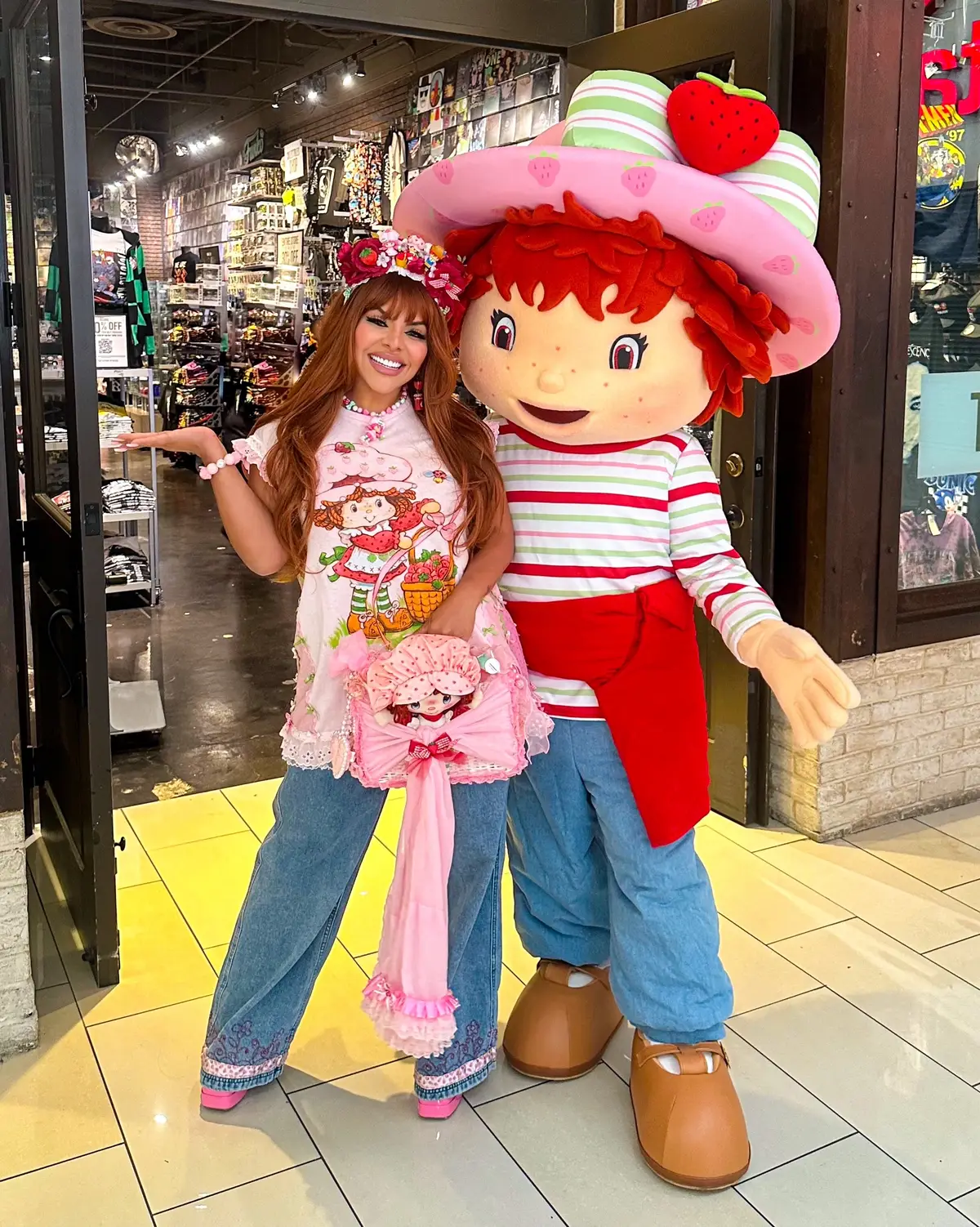 I finally got to meet @Strawberry Shortcake 🍓 Thank you @Hot Topic for having me. This is another dream come true  Thank you @cupcakekisses73 on IG for my amazing headpiece, Necklace and special touches to my #hottopic outfit you are magical 🪄💗   #HTFxStrawberryShortcake #strawberry #strawberryshortcake #fresita #doll #kawaii
