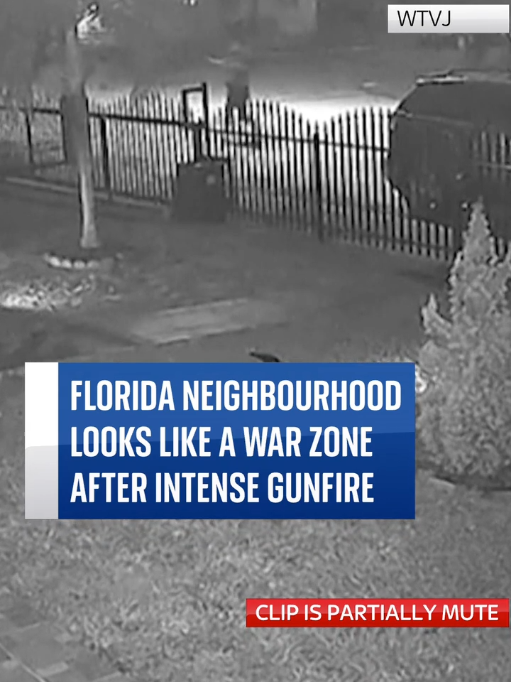 CCTV shows a Florida neighbourhood left 'like war zone' after shots were fired at a passing car 🚗 Police arrived and determined that, despite the large amount of ammunition used in the incident, no one had been injured #Car #CCTV #Shooting #Gun #Florida
