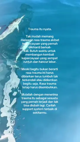 Trauma itu nyata. Tak mudah memang melawan rasa trauma akibat kepercayaan yang pernah dikhianti berkali-kali. Butuh waktu untuk membangun kembali kepercayaan yang sempat runtuh dan hancur lebur. Meski begitu bukan berarti rasa trauma ini harus dibiarkan terus tumbuh tak terkendali atau didiamkan begitu saja. Rasa trauma tetap harus disembuhkan. Mulailah dengan menerima trauma itu sebagai sesuatu yang pernah terjadi dan tak bisa diubah lagi. Carilah support system terbaik di sekitarmu.