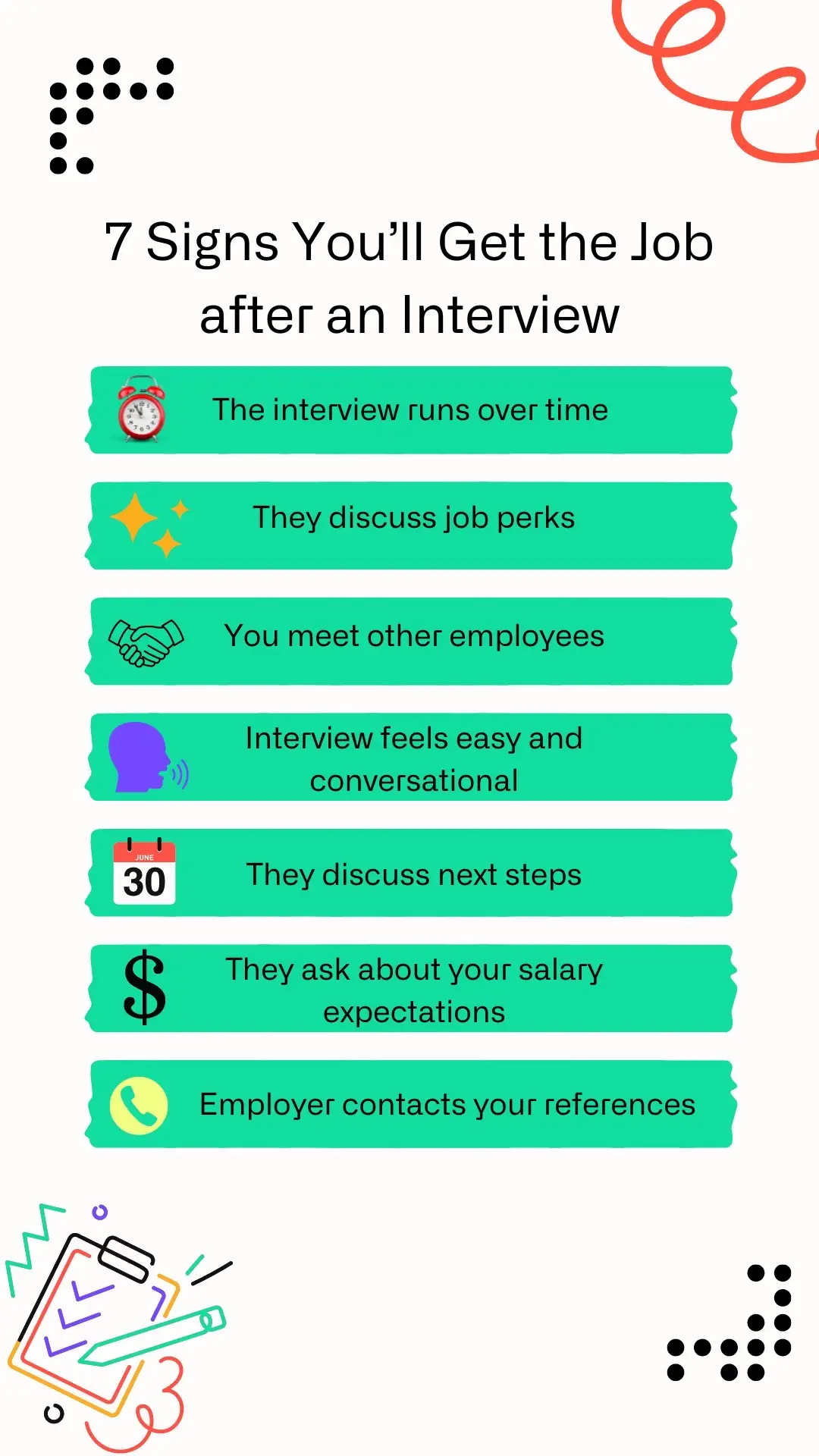 Spot at least half of these signs? Congrats, you’re likely to get that job offer soon! 🎉 Save this for your next interview so you know what to look for. Link below for full free blog!  #careertips #interview #interviewtips #jobsearch #interviews #careeradvice #careertiktok #careers #careermode #jobtips #fypツ #worktok #work #resources #blog #article 