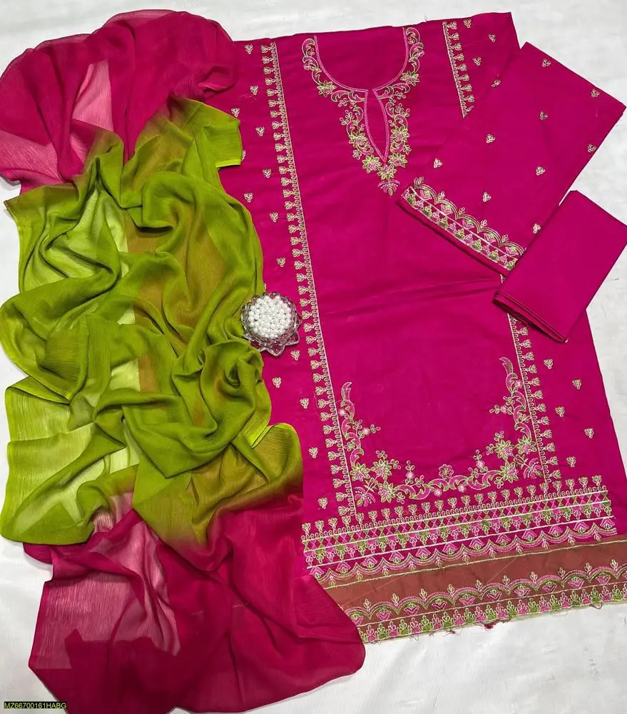 •  Fabric: Lawn •  Pattern: Embroidered •  Shirt Front - Pattern: Embroidered •  Shirt Back: Plain •  Trouser - Pattern: Plain •  Dupatta - Fabric: Chiffon •  Dupatta - Pattern: Tie And Dye  •  Number Of Pieces: 3 Pcs •  Package Includes: 1 x Shirt, 1 x Trouser, 1 x Dupatta •  Shirt Cutting: 2.5 Gazz •  Trouser Cutting: 2.5 Gazz •  Dupatta Cutting: 2.5 Gazz •  Note: There might be an error of 1-3 cm due to manual measurement, and slight color differences may occur as a result of varying lighting and monitor effects. •  Price.5000 No 03194440122#Dress #suit #buy #Fashion  #
