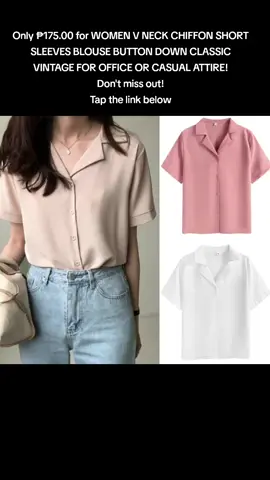 #Only ₱175.00 for WOMEN V NECK CHIFFON SHORT SLEEVES BLOUSE BUTTON DOWN CLASSIC VINTAGE FOR OFFICE OR CASUAL ATTIRE! Don't miss out! Tap the link below