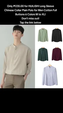 #Only ₱235.00 for HUILISHI Long Sleeve Chinese Collar Plain Polo for Men Cotton Full Buttons 6 Colors M to XL! Don't miss out! Tap the link below