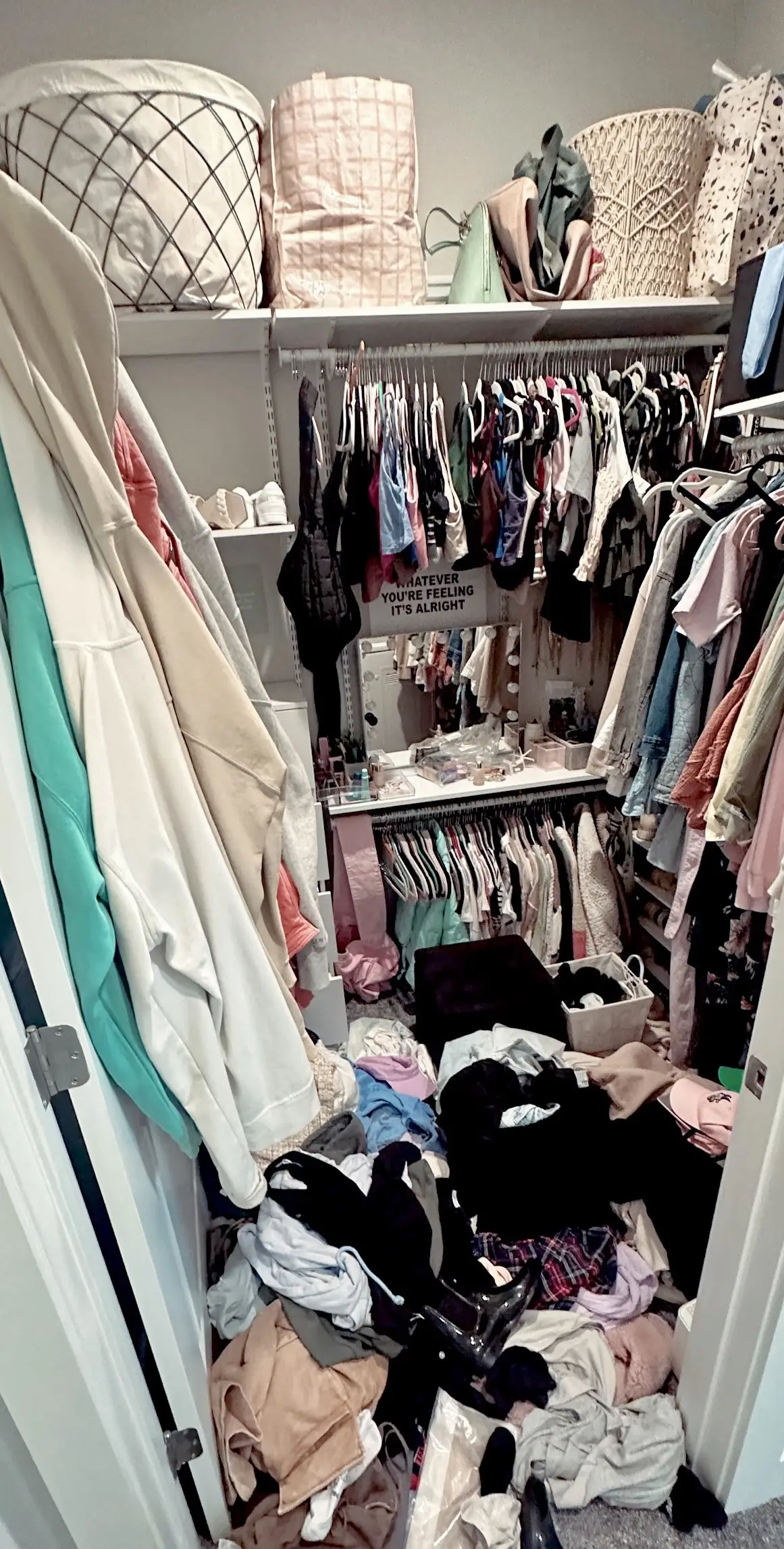 like 90% on the floor is clean clothes idk if tnat makes this better or worse #closettour 