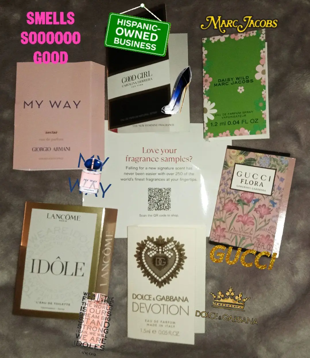 go check out my Macy's perfume  if you are interested in any of these perfumes.  I really like this group they are all pretty decent perfumes you can go shop for these by using the qr code in my pics .   #freesample #perfumetiktok #perfumecheck #dolce &Gabbana #Gucciflora #Goodgirlperfume #MarcJacobs #Idôle #MyWayNectarArmani 