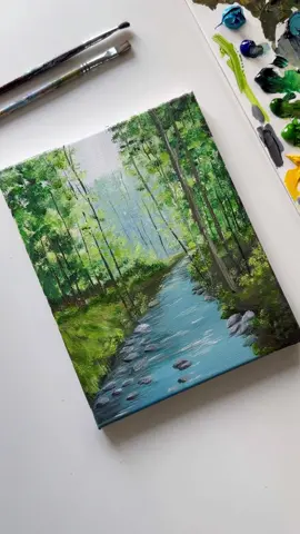 Peaceful Forest Scene 🍃🏞️🍀 . . . . . . . . . . . . . . . . . . . . . . . . . . . . . . . . . . . #art #acrylic #artworks #canvascreations #easyart #howtopaint #forestpainting #aestheticart #colorfulpainting #paintingtutorial #howtodraw #acrylicartist #youngartist #artworkideas #artworkideas #artworkideas #femalepainter #skypainting #painters #artistoftiktok #naturalart #natureart #peacefulart #riverpainting #lakepainting 