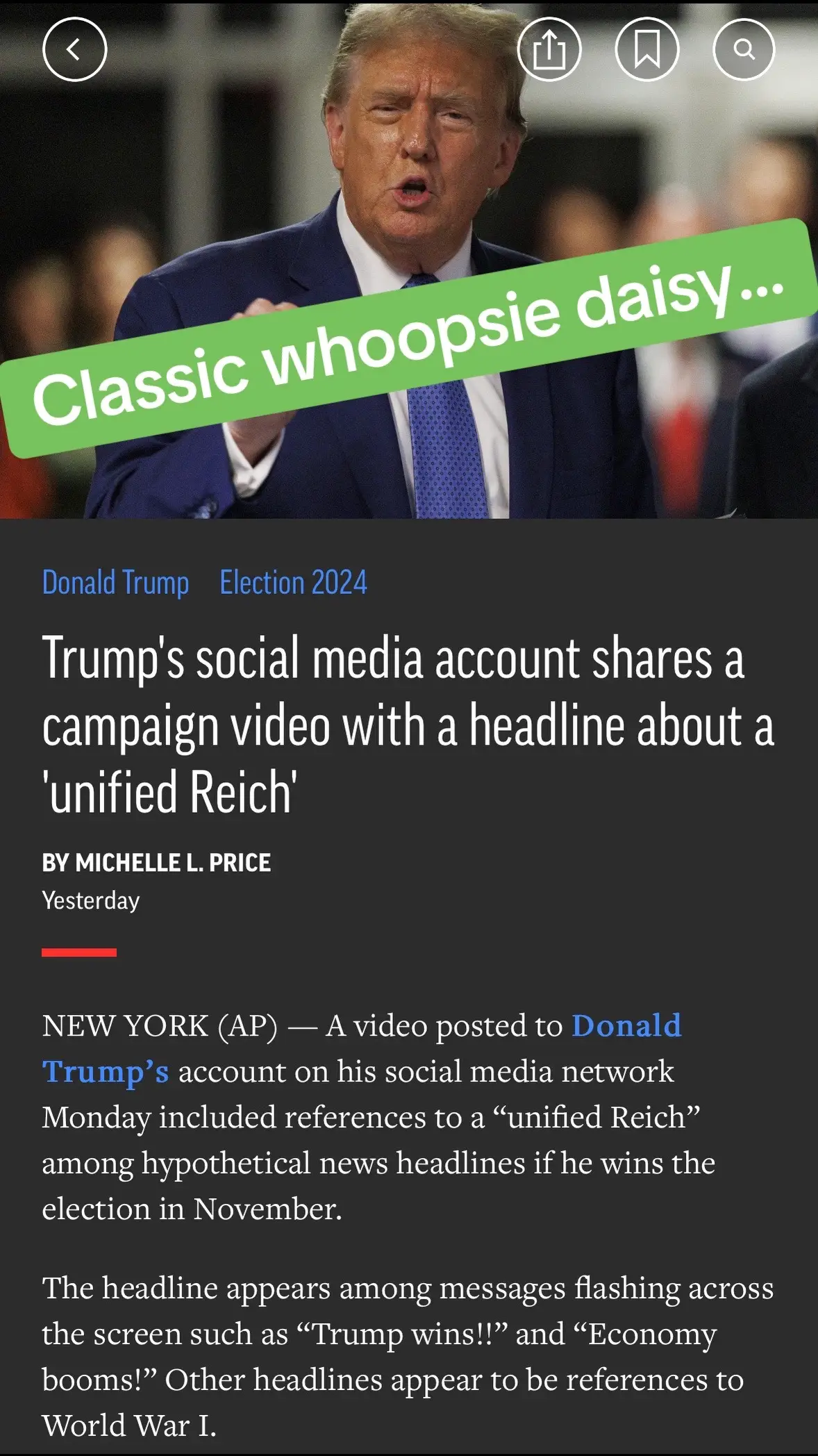 Trump's social media account shares a campaign video with a headline about a 'unified Reich' #trumpsaidthat #biden2024 #bidentrump #trumpbiden 