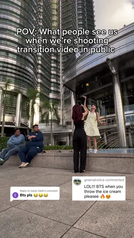 Replying to @Izwan Zaidi What would you think if you saw these 2 ladies shooting something in public? 😂 A lot of you have been asking me if I have a team to assist me in shooting. However, as of now, it's just the 2 of us girls, using only mobile phone and making all these videos 😆  . #fyp #bts #funny #transition 