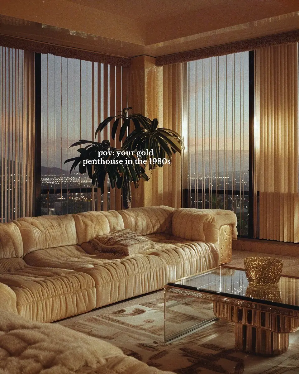 POV: Your golden penthouse in the 1980s 💛✨ [AI] Get your wall posters on liminaldestinations.com and AI prompts on Ko-fi (links in bio!) • • • • #80sinterior #1980sinterior #80saesthetic #1980s #80svibes #80snostalgia #80sdecor #80s #80spenthouse #vintage #interiordesign #homedecor #luxuryhomes #midcentury #midcenturymodern #postmodern #luxury 