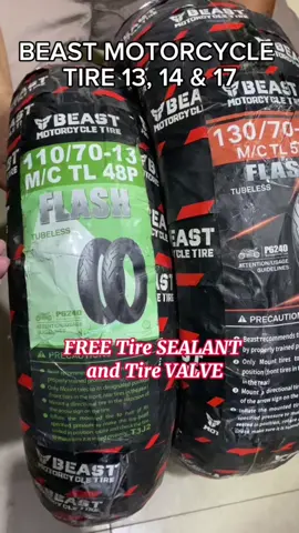 BEAST ORIGINAL MOTORCYCLE  TIRE 13, 14 & 17 all sizes are here, just click the yellow basket above. Free tire SEALANT and tire VALVE in one purchase #beasttirephilippines #beasttires #sealant #valve #motorcycle #motorcycleaccessories #motortire #tiremotorcycle #fyp #fypviral #fypシ゚viral #originaltire 