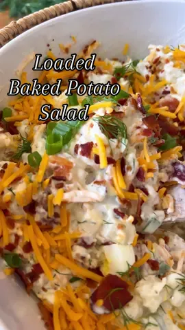Loaded Ranch Baked Potato Salad!🥔🥓🧀 The best summer side dish that pairs perfectly with grilled meats!! The homemade ranch dressing is worth the extra steps, so creamy and flavorful!!! Inspired by @mamaknowsglutenfree recipe!  Ingredients: 4 potatoes (diced, boiled, and drained) 1 lb bacon (cooked and crumbled) 2 cups shredded cheddar  3 hard boiled eggs (chopped) 1/2 cup sliced green onion  Ranch dressing:  1 tablespoon dill 1 1/2 teaspoon garlic powder 1 1/2 teaspoon onion powder 2 teaspoons dried parsley 1 1/2 teaspoons salt 1/2 teaspoon pepper 1 tablespoon granulated sugar Directions:  1. Add cooked and chopped ingredients to a large bowl.  2. In a separate medium sized bowl, mix together dressing ingredients until combined.  3. Pour over and toss until everything is coated.  4. Chill for at least 2 hours before serving!  #sidedish #EasyRecipes #potatosalad 