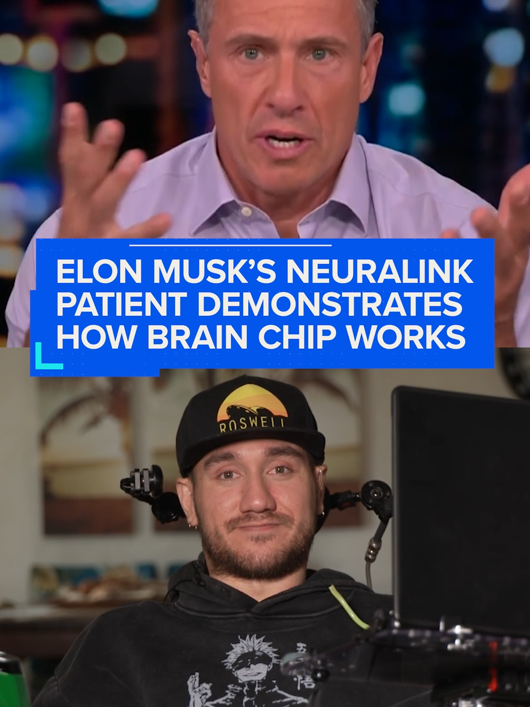 The first patient for Elon Musk's Neuralink, Noland Arbaugh, demonstrates on #CUOMO how the brain chip implant works: 