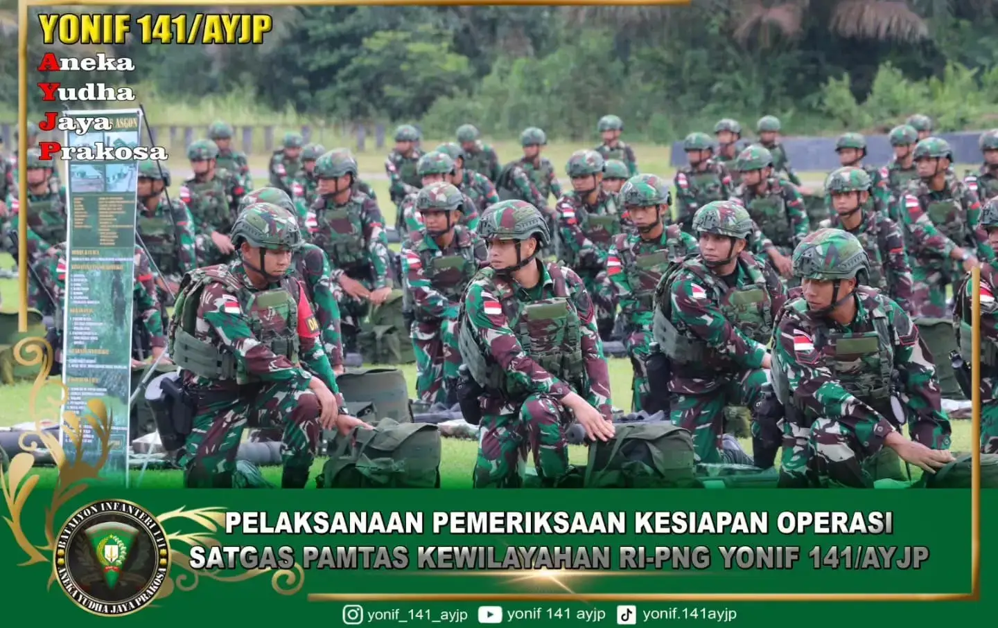 Kunjungan Danbrigif 8/GC dalam rangka pengecekan dan gelar perlengkapan Satgas Yonif 141/AYJP. (21/05/2024). Komandan Brigade Infanteri (Danbrig) 8/Garuda Cakti Letkol Inf Enrico Setiyo Nugroho S.Sos.MTr (Han), Mengunjungi Batalyon Infanteri 141/Aneka Yudha Jaya Prakosa, Dalam rangka melakukan Pemeriksaan Kesiapan Operasi (Riksiapops) Yonif 141/AYJP yang akan melaksanakan Satgas Pamtas RI-PNG , bertempat Di Lapangan Yonif 141/AYJP, Karang Jaya, Kabupaten Muara Enim, Provinsi Sumatera Selatan. Adapun rangkaian Kegiatan diawali, dengan hormat jajar, penyambutan prajurit dengan yel-yel semangat prajurit mengiringi langkah Danbrigif 8/GC didampingi Para kasi brigif 8/GC dan Letkol Inf Syurya Dharma Danyonif 141/ AYJP selaku Dansatgas. Dalam arahan Danbrigif 8/GC Menekankan kepada para Danpos harus peduli kepada anggota dan keadaan tempat penugasan, Sebab, Danpos merupakan kunci dari keberhasilan tugas 