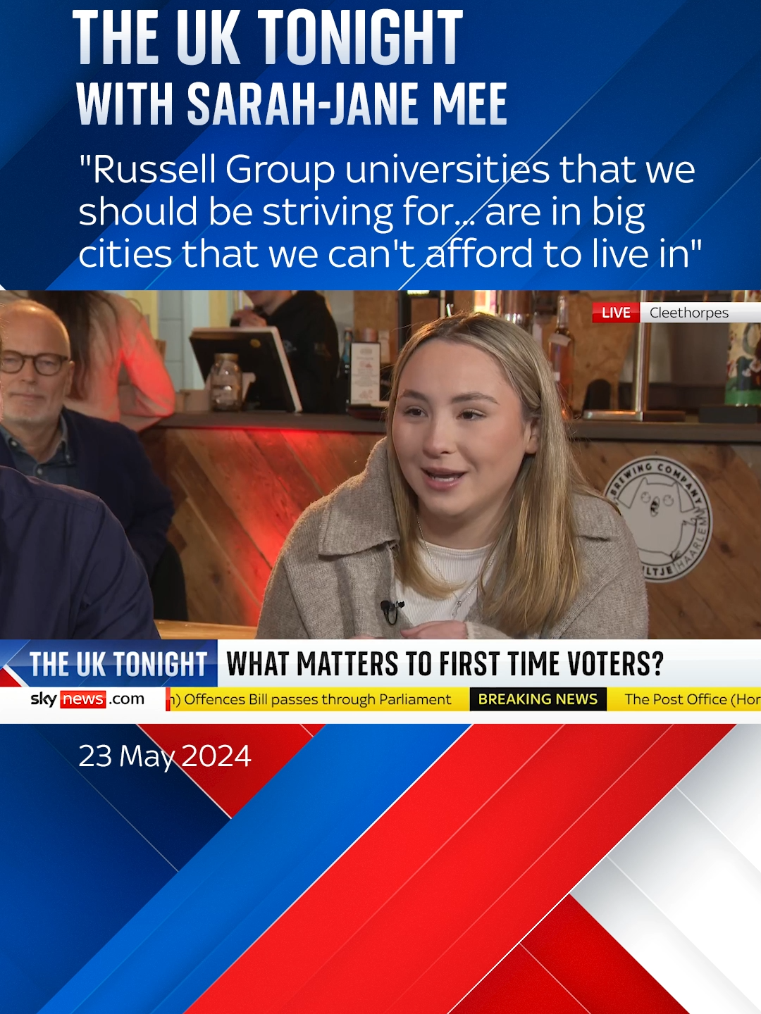 Sky's Sarah-Jane Mee hears from a first-time voter from Cleethorpes about her considerations in the lead up to the general election on 4 July. #election #university #voter #uk