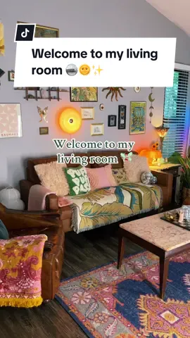 Welcome to my cozy eclectic boho living room 🪩🌞✨ #maximalist #colorfulhome #apartment #dopaminedecor #boho #dreamhome #Home #homedecor #vintage #70saesthetic 