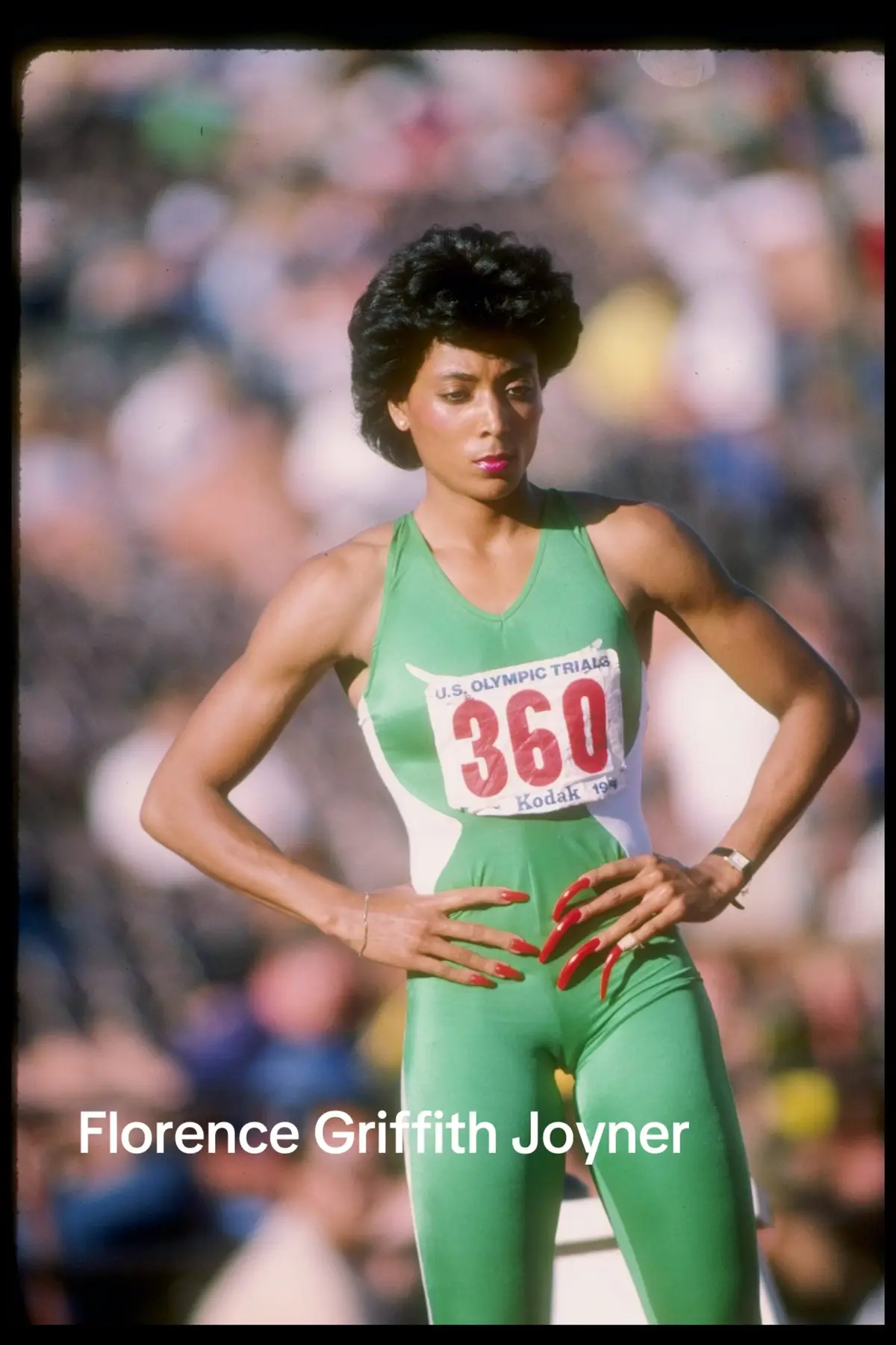 Known as Flo-Jo, was an American track and field athlete and the fastest woman ever recorded. She set world records in 1988 for the 100 m and 200 m. During the late 1980s, she became a popular figure due to both her record-setting athleticism and eclectic personal style On September 21, 1998, Griffith Joyner died in her sleep at home in the Canyon Crest neighborhood of Mission Viejo, California, at the age of 38. The unexpected death was investigated by the Orange County Sheriff-Coroner's office, which announced on September 22 that the cause of death was suffocation during a severe epileptic seizure. Griffith Joyner was found to have had a cavernous hemangioma, a congenital vascular brain abnormality that made her subject to seizures.According to a family attorney,  she had suffered a tonic-clonic seizure in 1990 and had been treated for seizures in 1993 and 1994. According to the Sheriff-Coroner's office, the only drugs in her system when she died were small amounts of two common over-the-counter drugs, acetaminophen and the antihistamine Benadryl #flojo #athlete #track #trackandfield 