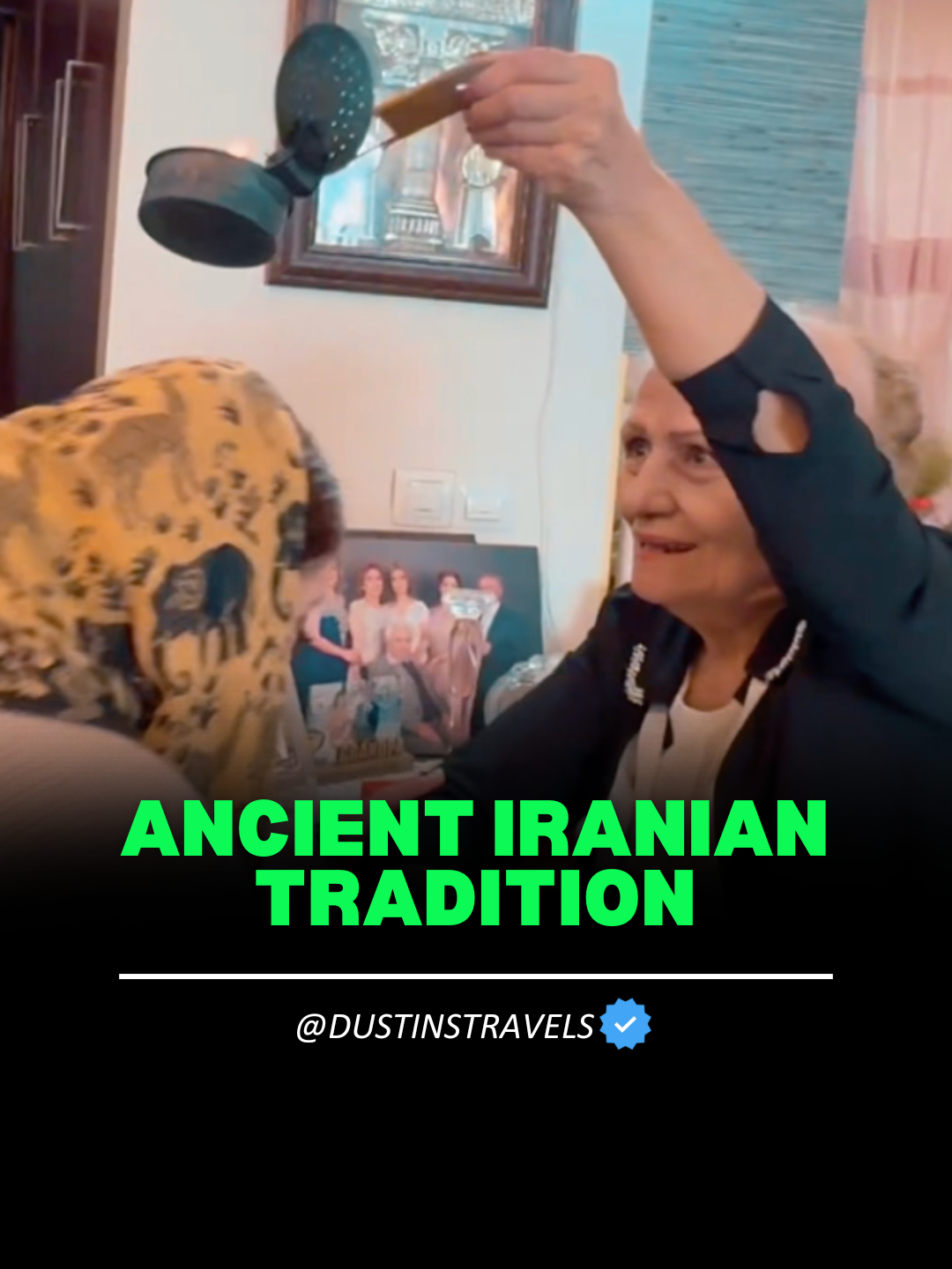 This is an ancient Iranian tradition all grandmas and mothers do. When you go to an Iranian home expect to be greeded with the burning of esfand, a type of seed, which is believed to ward of negative energy. Notice how she places it around the head, which is also considered the crown chakra. #iran #CrownChakra