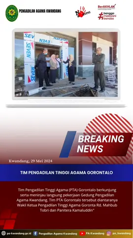Rabu (29/5/2024) – Tim Pengadilan Tinggi Agama (PTA) Gorontalo berkunjung serta meninjau langsung pekerjaan Gedung Pengadilan Agama Kwandang. Tim PTA Gorontalo tersebut diantaranya Wakil Ketua Pengadilan Tinggi Agama Goronta Rd. Mahbub Tobri dan Panitera Kamaluddin. Dilokasi pembangunan Wakil PTA dan Panitera didampingi langsung oleh Ketua Pengadilan Agama Kwandang Noni Tabito, Wakil Ketua Nur Afni Katili dan Panitera Fikri Hi. A. Amiruddin serta pihak Pelaksana maupun pihak Konsultan Pengawas melihat langsung proses pekerjaan gedung Pengadilan Agama Kwandang dari lantai 1 hingga ke lantai 2. Tim PTA Gorontalo berharap pekerjaan tersebut dapat selesai tepat waktu sesuai schedule.#ketuapengadilanagamakwandanghariini #mahkamahagung #pakwandangjuara #pengadilantinggiagamagorontalo #gedungPAKwandang #beritapengadilanagamakwandang 
