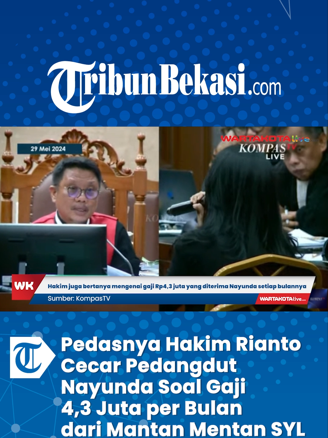 Download aplikasi berita TribunX di PlayStore atau AppStore untuk mendapatkan pengalaman baru.  =================   Pedangdut Nayunda Nabila mendatangi Pengadilan Tindak Pidana Korupsi (Tipikor) Jakarta, Rabu (29/5/2024).   Kehadiran Nayunda dalam kapasitasnya sebagai saksi kasus dugaan pemerasan dan gratifikasi di lingkungan Kementerian Pertanian (Kementan) yang tengah menjerat politisi Partai NasDem Syahrul Yasin Limpo (SYL).  Nayunda yang mengenakan baju serba hitam memasuki ruang persidangan langsung disambut puluhan kamera awak media.  Ketua Majelis Hakim Rianto Adam Pontoh mempertanyakan awal mula Nayunda bekerja sebagai tenaga honorer di Kementan.  Ia diketahui menerima gaji Rp4,3 Juta per bulan dalam kurun waktu kurang lebih setahun lamanya.  Secara tegas ia pun meminta agar uang gaji yang diterimanya segera dikembalikan lantaran Nayunda mengakui bahwa dirinya hanya 2 kali masuk kerja.   Berita Selengkapnya klik tautan di bawah ini :  https://wartakota.tribunnews.com/video   Sumber: KompasTV  Editor Video: ABS   #nayundanabila #syl #korupsi