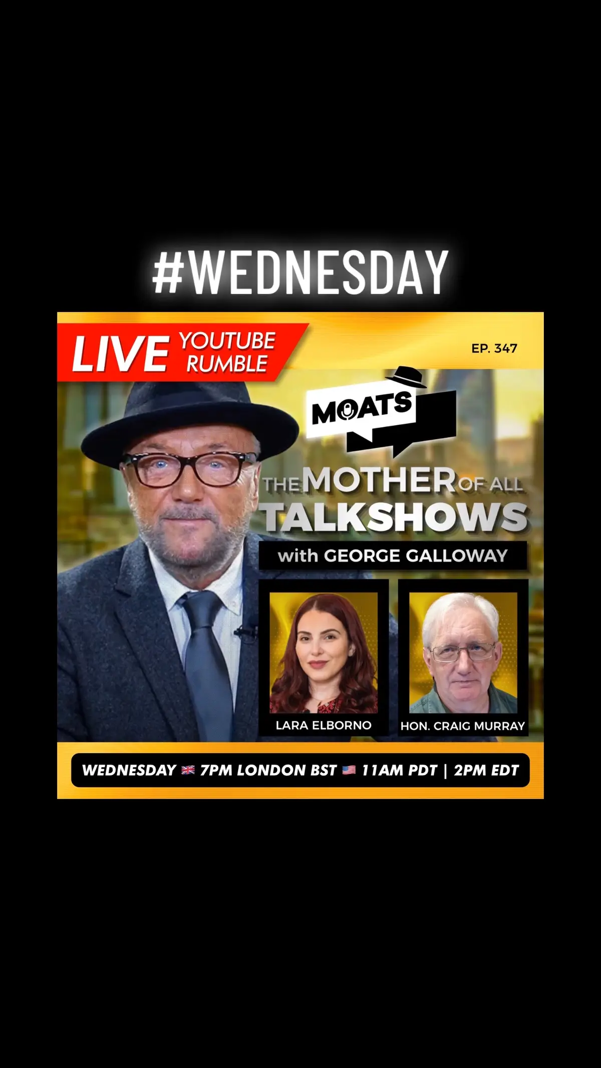 #TONIGHT Join me for The Mother of All Talk Shows! With guests Hon. Craig Murray and Lara Elborno 🟥 https://youtube.com/live/on_zuTOqEqQ  🟩 https://rumble.com/v4xse4e-moats-with-george-galloway-ep-347.html  #MOATS WATCH #LIVE   🇬🇧 7PM BST LONDON  🇺🇸 11AM PDT | 2PM EDT  #Rafah #ICC #ICJ #Netanyahu #Palestine #Israel #Genocide #Rochdale 