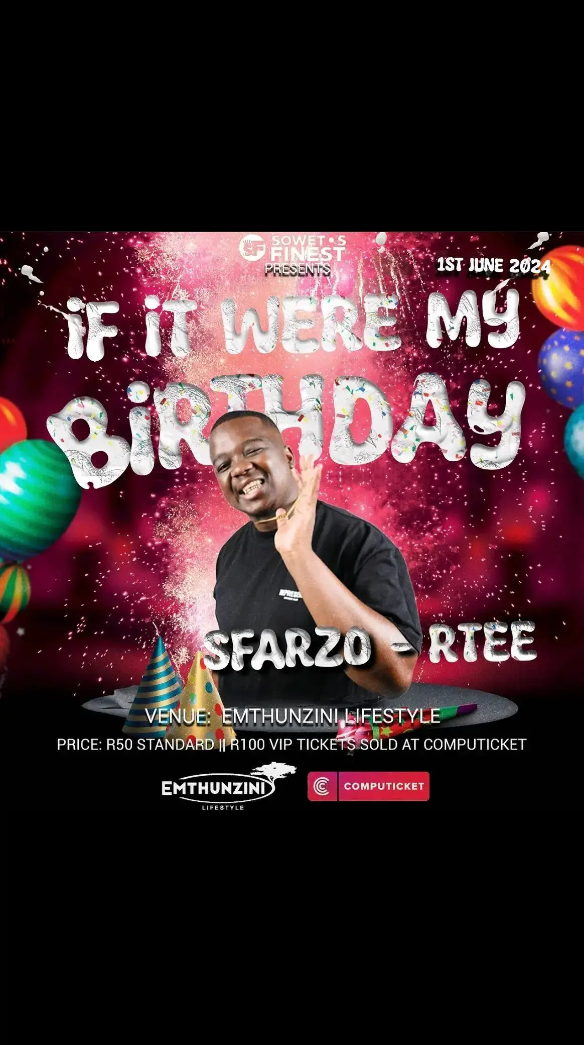 Pull through on 1st June and let’s see how you rock if it were your birthday!!!!   ft @sfarzo_rtee  R50 Standard Ticket R100 VIP Ticket Location : @emthunzini_lifestyle_carwash , @emthuzini_xclusive_sessions in turf fountain  Tickets are available on Computicket