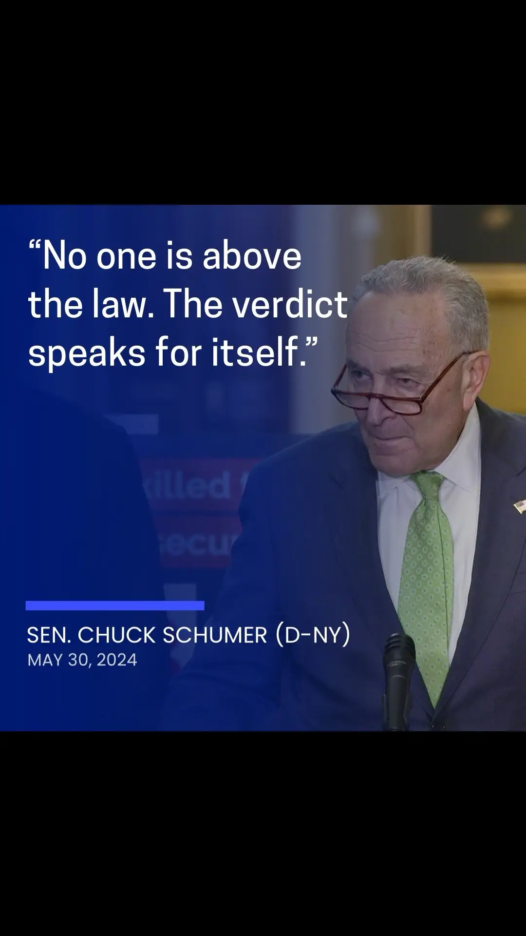 Senate Majority Leader Chuck Schumer (D-NY) issued the following statement Thursday after former President Trump was convicted on all 34 counts in the New York hush money trial: “No one is above the law. The verdict speaks for itself.” #chuckschumer #donaldtrump #hushmoney #cspan 