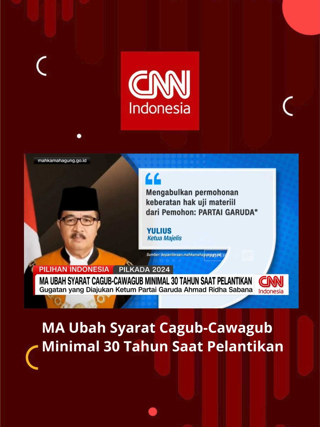 Mahkamah Agung mengabulkan permohonan hak uji materi yang dimohonkan oleh Ketua Umum Partai Garuda, Ahmad Ridha Sabana. Uji materi terhadap Komisi Pemilihan Umum ini dilakukan terkait aturan batas minimal usia calon gubernur dan wakil gubernur. #fyp #MahkamahAgung #HakUjiMateri #AhmadRidhaSabana #PartaiGaruda #KomisiPemilihanUmum #UsiaCalonGubernur #PolitikIndonesia #Pemilu #PeraturanPemilu #calongubernurjawabarat